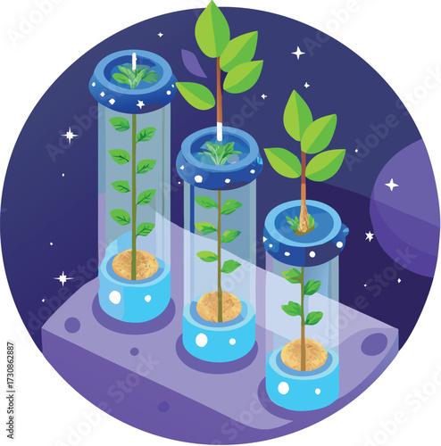 Vector illustration of futuristic hydroponic tubes with plants in orbit