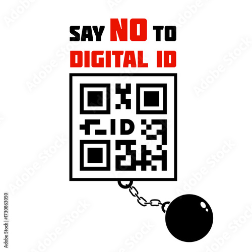 Vector icon of QR code with metal shackles. Say no to digital ID
