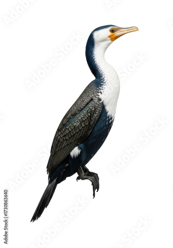 A majestic white-breasted cormorant with dark plumage, bright white chest, and orange eye accent, elegantly posed on a transparent acrylic stand against a transparent studio background. High-end