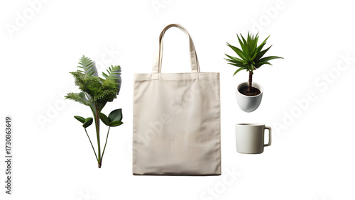 A beige canvas tote bag with decorative green plants and a white mug, isolated on transparent background, suggesting a lifestyle or home decor theme