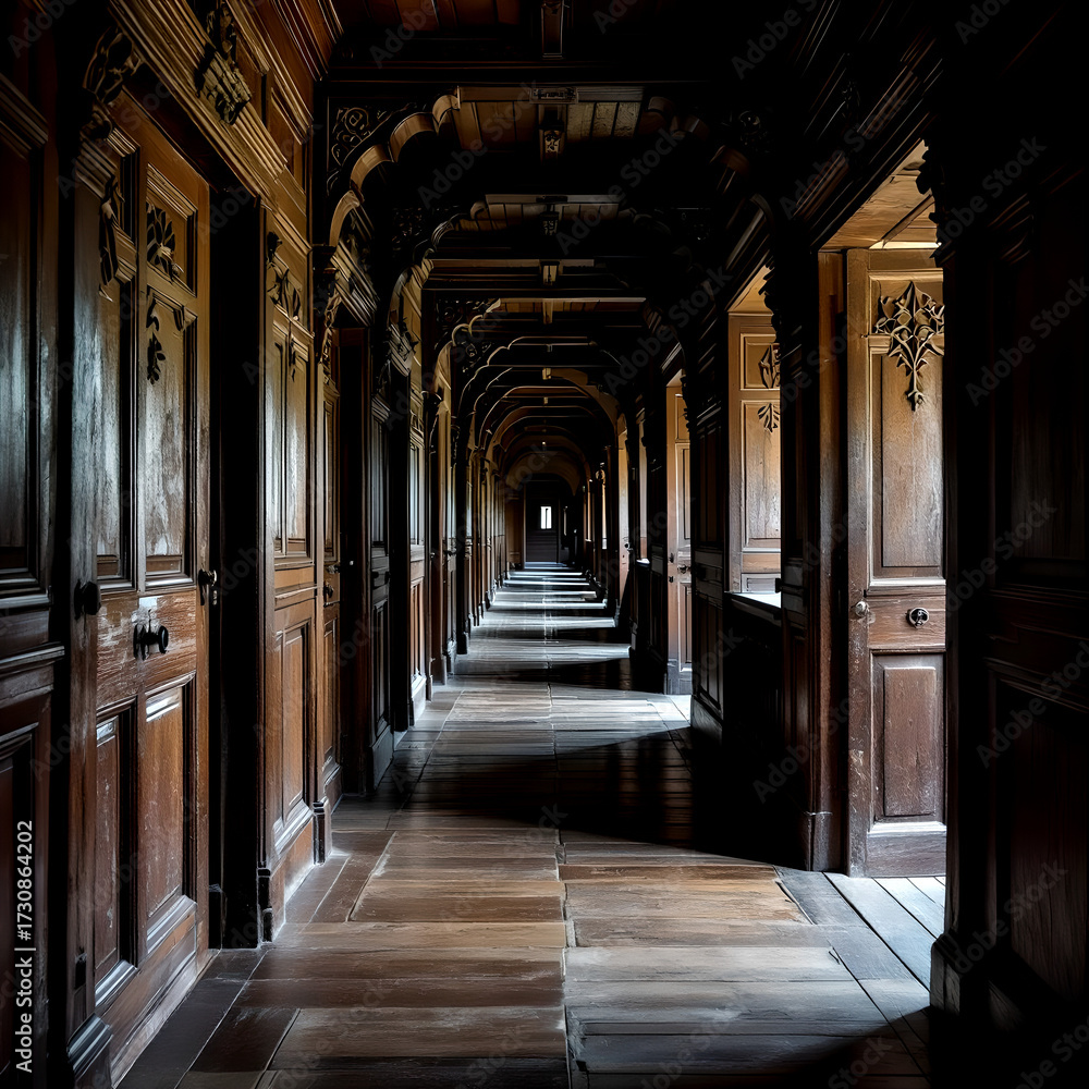 Obraz premium “Dimly lit vaulted corridor with ornate wooden doors, dramatic shadows, and intricate carvings creating a mysterious atmospheric interior with gothic depth and perspective”