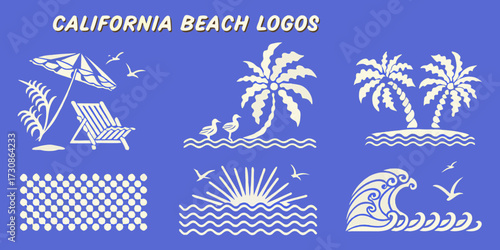 Collection of california beach themed vector logos and icons with palm trees waves and beach chairs