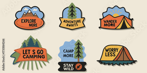 Set of six outdoor adventure themed badges with inspirational quotes for camping and exploration