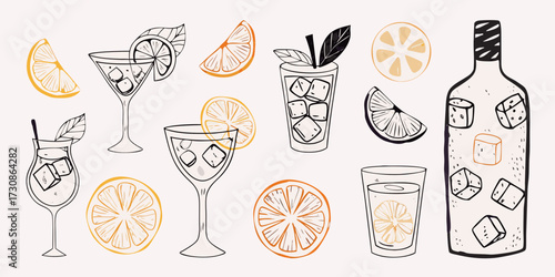 Hand drawn collection of refreshing citrus drinks and orange slices with ice cubes and a bottle