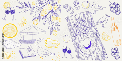 Summer picnic scene with wine fruit birds and beach accessories in a charming hand drawn style