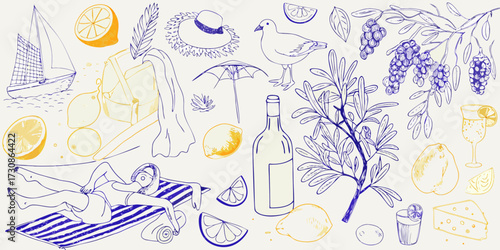 Summer vacation scene with a woman sunbathing sailboat lemons grapes wine and cheese