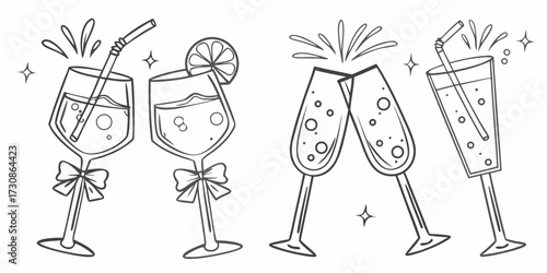 Hand drawn outline collection of celebratory drinks and cocktails with bubbles and garnishes