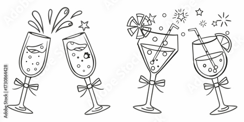 Celebration clinking champagne glasses and cocktails with festive decorations and bubbles