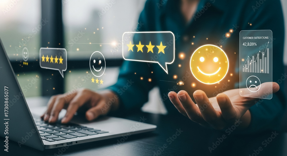 Naklejka premium Person using a laptop with glowing digital icons representing customer feedback, satisfaction ratings, and online reviews for business improvement.