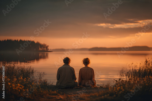 Tourists man and woman sitting on northern lake shore in summer day. People relaxing and admiring beautiful landscape. Travelling and discovering distant places of Earth. Onega lake, Karelia, Russia