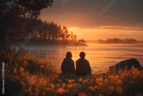 Tourists man and woman sitting on northern lake shore in summer day. People relaxing and admiring beautiful landscape. Travelling and discovering distant places of Earth. Onega lake, Karelia, Russia