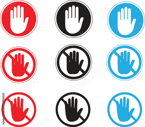 Stop icon set. Stop sign with hand or palm flat icon for apps and websites. Vector illustration.Stop sign with hand icon set.
