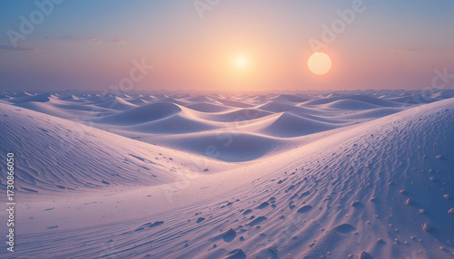 Surreal desert landscape with snow dunes under a pink sky at sunset