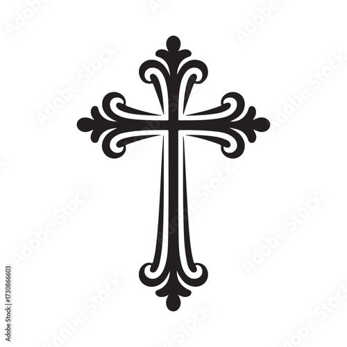 Black ornate cross with decorative flourishes christian