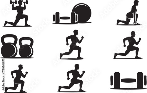 Fitness training icons set with gym workout silhouettes, weightlifting, running, kettlebell, barbell, and exercise illustrations for health, sports, and active lifestyle designs
