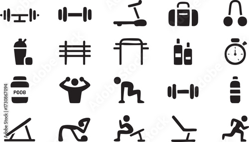 Vector icons set of gym equipment and workout tools for fitness and training