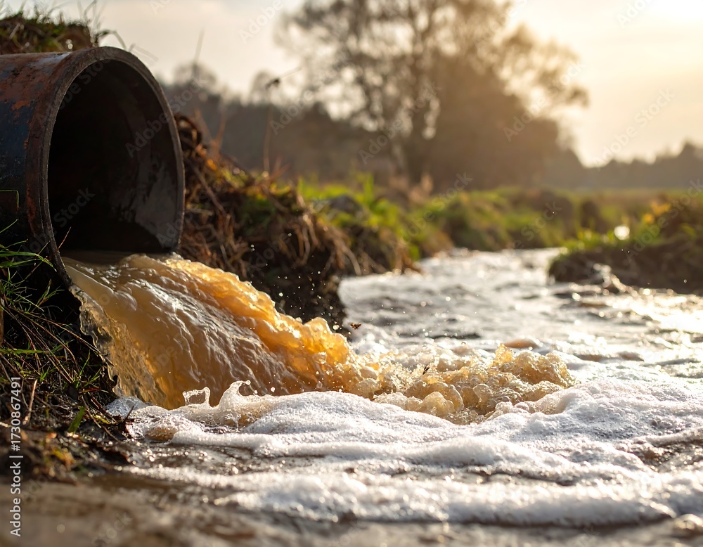 Obraz premium Polluted Water Discharge Environmental Issue.