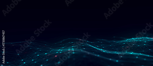 Digital hexagon dynamic wave of particles. Abstract blue futuristic background. Big data visualization. 3D rendering.