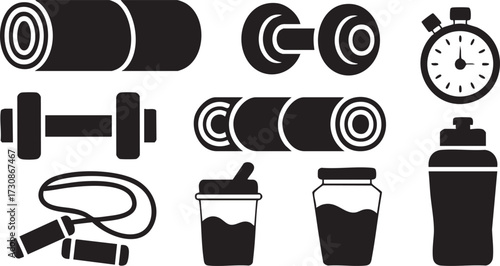 Training and exercise icons set showing workout gear for health and wellness