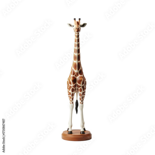 Exquisite adult giraffe figurine, polished resin with brown and cream pattern, elegant static pose on a polished wooden base, seamless transparent studio background, sophisticated craftsmanship