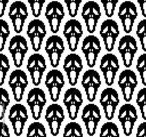 This design features a seamless pixel art skull pattern in bold black and white. Perfect for fabric, wallpaper, digital backgrounds, or for all business.