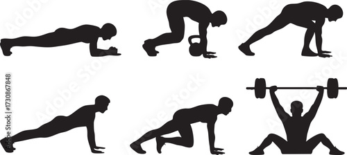 Vector icons set of fitness workouts with planks, kettlebells, and pushups