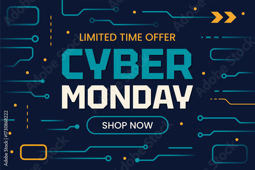 Modern Cyber Monday sale banner with bold typography and digital circuit design. Perfect for online shopping promotions, limited time offers, discounts, e-commerce ads, and marketing campaigns.