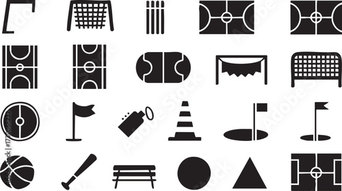 Vector icons set of sports fields, courts, and athletic equipment illustrations