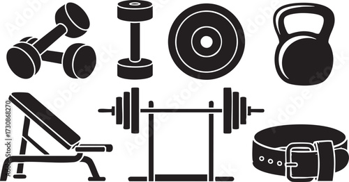 Gym training vector illustrations showing dumbbells, lifting belt, and exercise bench