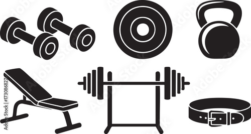 Workout equipment vector designs featuring barbell, plate, and kettlebell graphics