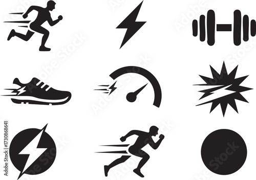 Collection of workout vector symbols with speed, power, and training elements
