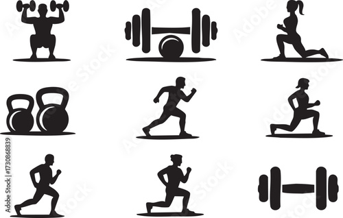 Collection of sports training icons featuring running, weightlifting, and gym activities