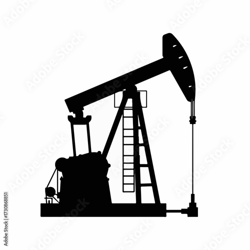 Silhouette of an oil pump jack operating against a white background, representing energy extraction.
