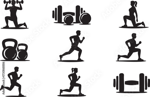 Gym and workout vector icons set with exercise silhouettes for fitness and health concepts