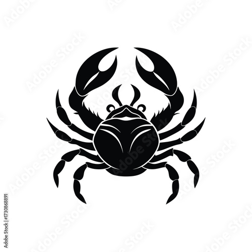 A bold black silhouette illustration of a crab with its large pincers raised ready to defend itself