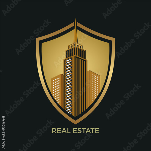 Luxury Real Estate Logo, Elegant golden shield emblem featuring a modern skyscraper