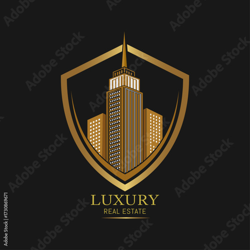 Luxury Real Estate Logo, Elegant golden shield emblem featuring a modern skyscraper