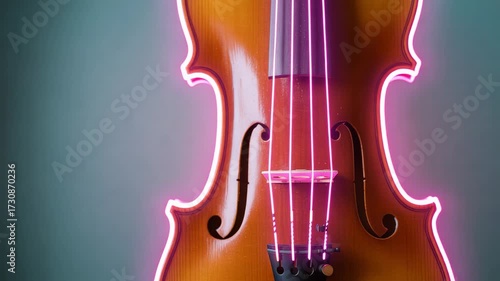 Violin with pink neon outline, elegant musical instrument art, studio shot, musical aesthetic, stringed instrument pattern