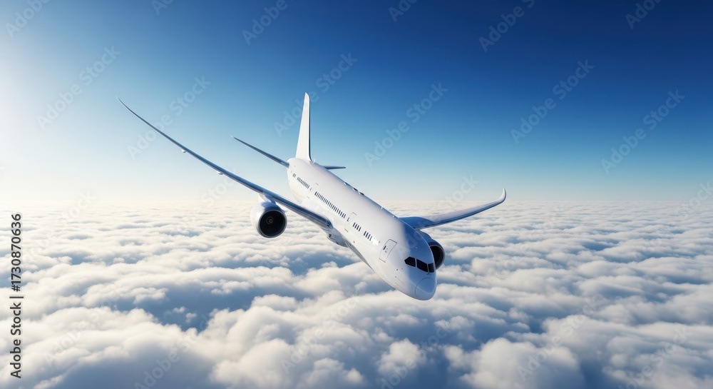 Obraz premium Modern Passenger Jet Aircraft Flying High Above White Clouds Under a Clear Blue Sky
