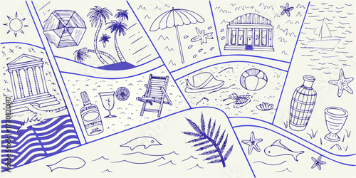 Whimsical hand drawn collage of beach vacation elements and tropical island scenes