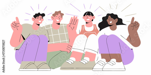 Diverse group of friends sharing ideas and celebrating together with bright energy lines