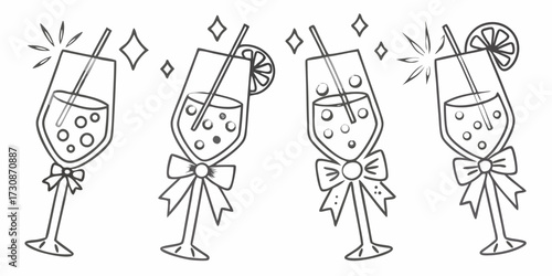 Set of four hand drawn outline champagne glasses with bubbles and festive decorations