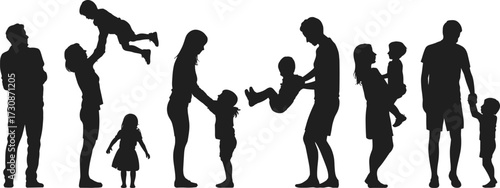 Adult and child silhouette vector set, family bonding clipart, caregiving interaction illustration, black parent child figures, nurturing relationship design