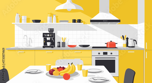 A modern yellow kitchen with a dining table set for breakfast.