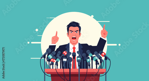 A furious politician speaking passionately at a press conference with many microphones around him.