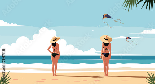 Two women enjoying a sunny day flying kites on the beach with palm trees in the background.