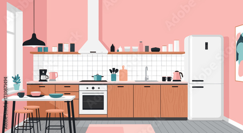 A modern pink kitchen with wooden cabinets and appliances.