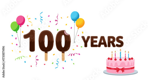 Celebrating one hundred years with balloons cake and confetti.