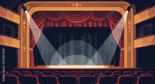 A grand theater stage with red curtains and spotlights illuminating the empty performance area.