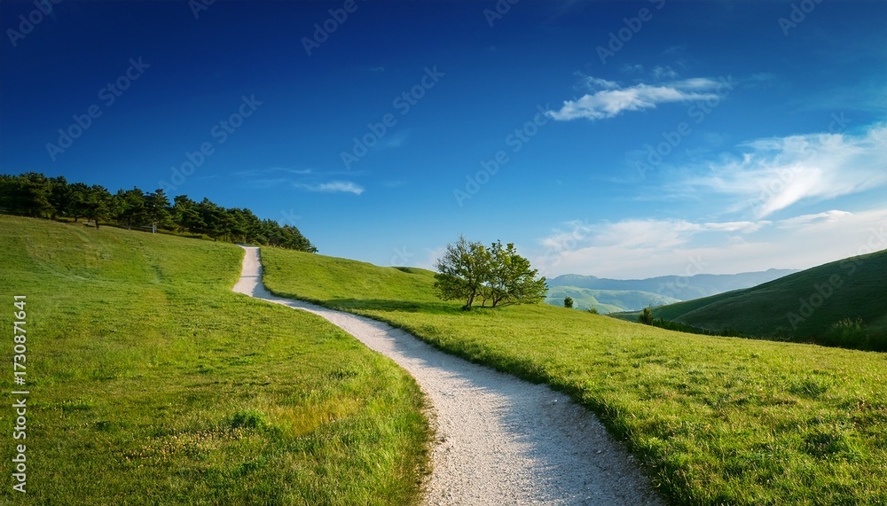 Fototapeta premium Serene Landscape With A Winding Path Under A Clear Blue Sky